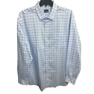 Van Heusen Shirt 18.5 37/38 Tall Fit Blue Plaid Pocket Ultra No Wrinkles Stretch